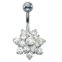 Piercing nombril Acier inoxydable Zircone blanc, 15 Pierres Fleur Ø15 mm-220026