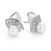Clous d'oreilles Or blanc 18K Diamant 0.30 ct, 18 Pierres, w-si perle d'eau douce blanc-520398