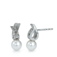 Clous d'oreilles Or blanc 18K Diamant 0.01 ct, 2 Pierres, w-si perle d'eau douce blanc, 6 mm-531130