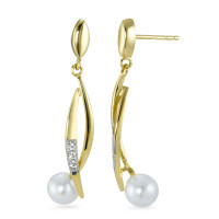 Pendant d'oreilles Or jaune 18K Zircone perle d'eau douce blanc, 2 Perles-537370