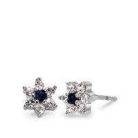 Clous d'oreilles Or blanc 18K Saphir bleu, 14 Pierres Fleur Ø6 mm-555740