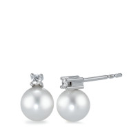 Clous d'oreilles Or blanc 18K Diamant blanc, 0.07 ct, 2 Pierres, brillant, w-si perle d'eau douce blanc, 2 Perles, 7 mm-558119