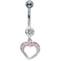 Piercing nombril Acier inoxydable, Argent Zircone rose, 8 Pierres Coeur-559147