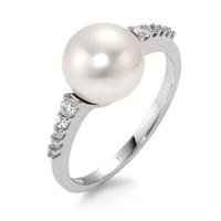 Bague Or blanc 18K Diamant blanc, 0.14 ct, 10 Pierres, brillant, w-si perle d'eau douce, 8.5 mm-566002