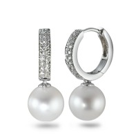 Créoles à charnières Or blanc 18K Diamant 0.23 ct, 38 Pierres, w-si perle d'eau douce blanc, 2 Perles, 8 mm-570666