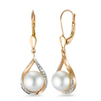 Pendant d'oreilles Or rouge 18K Diamant 0.06 ct, 20 Pierres, brillant, w-si perle d'eau douce-573355