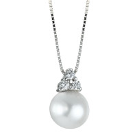 Collier Or blanc 18K Zircone 3 Pierres perle d'eau douce blanc 7-7.5 mm 42 cm-573550