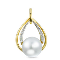 Pendentif Or jaune 18K Diamant 0.05 ct, 12 Pierres, brillant, w-si perle d'eau douce blanc, 10.5 mm-574294