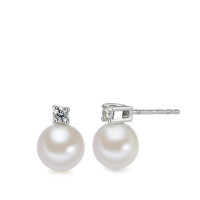 Clous d'oreilles Or blanc 18K perle d'eau douce blanc, 2 Perles, 7 mm-577443