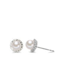 Clous d'oreilles Or blanc 18K Zircone perle d'eau douce blanc, 2 Perles, 5.5 mm-577461