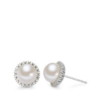 Clous d'oreilles Or blanc 18K Zircone perle d'eau douce blanc, 2 Perles, 8 mm-577463
