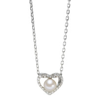 Chaînette avec pendentif Argent Zircone 25 Pierres Rhodié perle d'eau douce blanc, 5.5 mm Coeur 40-42 cm Ø10 mm-579074