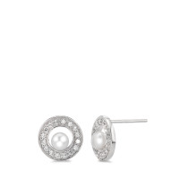 Clous d'oreilles Argent Zircone Rhodié perle d'eau douce blanc, 2 Perles 4-4.5 mm Ø10 mm-582636