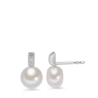 Clous d'oreilles Or blanc 9K Diamant blanc, 0.006 ct, 4 Pierres, brillant, p1 perle d'eau douce-583680
