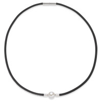 Collier Leder, Edelstahl Süsswasserzuchtperle weiss, 9.5 mm 45 cm Ø3 mm-589011