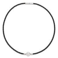 Collier Cuir, Acier inoxydable perle d'eau douce blanc, 9.5 mm 42 cm Ø3 mm-589012