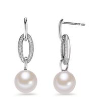 Pendant d'oreilles Or blanc 18K Diamant 0.12 ct, brillant, w-si perle d'eau douce blanc, 2 Perles, 8.5 mm-594931