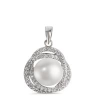 Pendentif Argent Zircone blanc Rhodié perle d'eau douce blanc, 8.5 mm Ø15 mm-600984