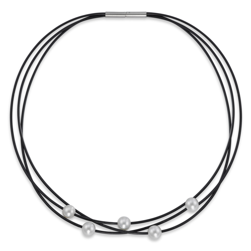 Collier Acier inoxydable, Caoutchouc perle d'eau douce blanc, 5 Perles 42 cm-304340