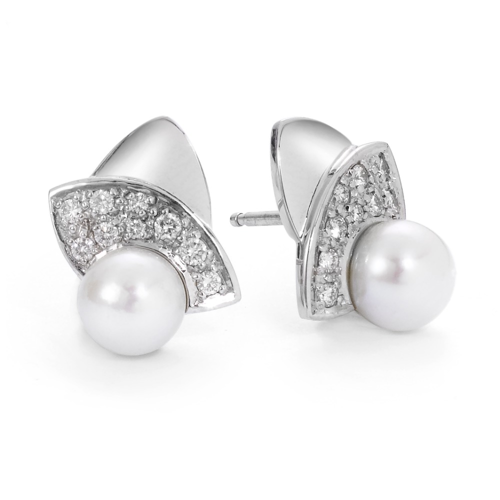 Clous d'oreilles Or blanc 18K Diamant 0.30 ct, 18 Pierres, w-si perle d'eau douce blanc-520398