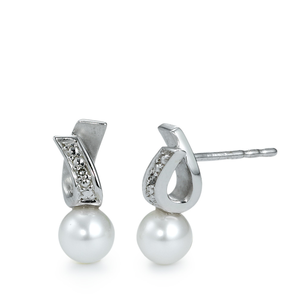 Clous d'oreilles Or blanc 18K Diamant 0.01 ct, 2 Pierres, w-si perle d'eau douce blanc, 6 mm-531130