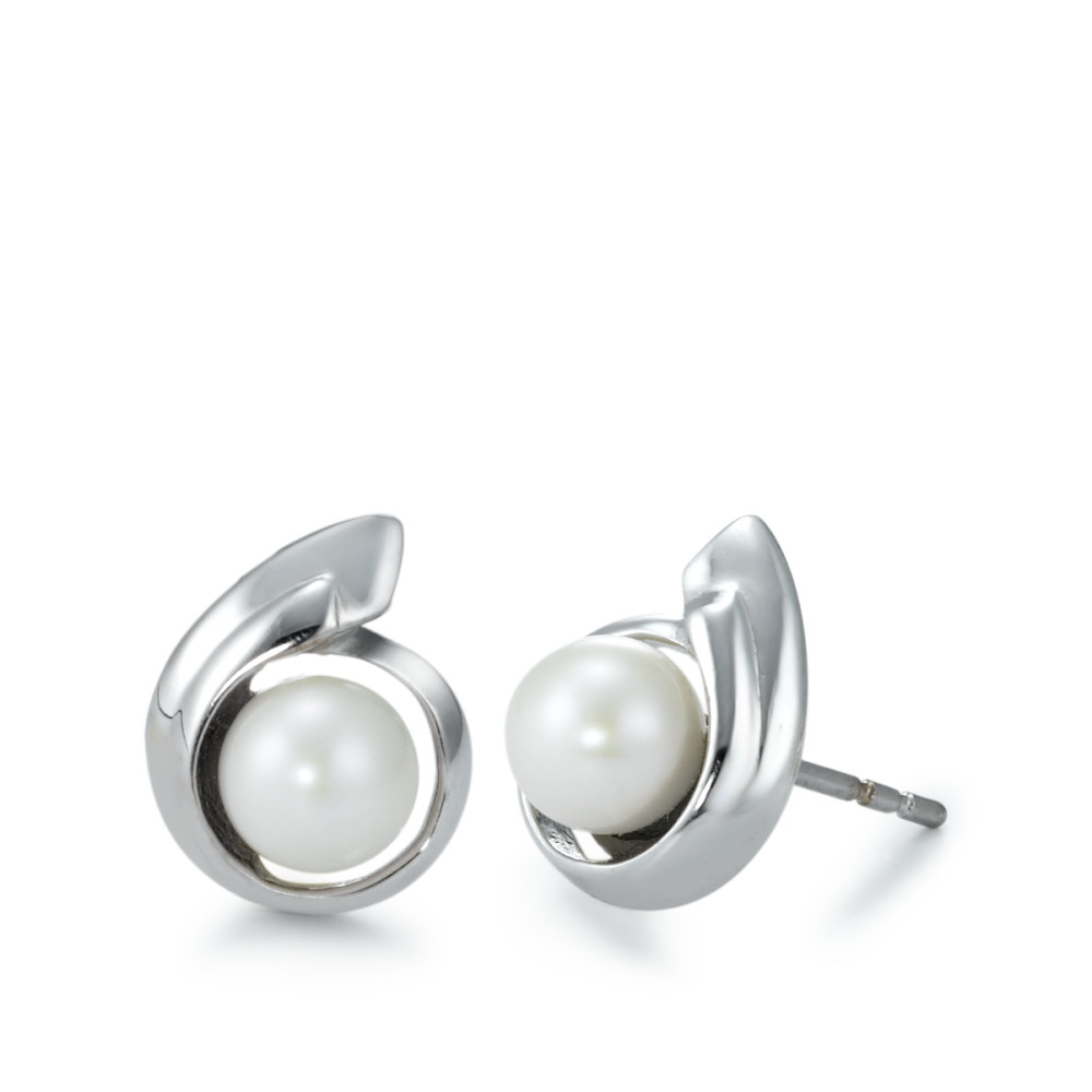 Clous d'oreilles Or blanc 18K perle d'eau douce blanc, 2 Perles, 6 mm-532940