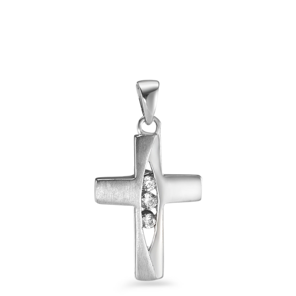 Pendentif Or blanc 18K Zircone 3 Pierres Croix-535018