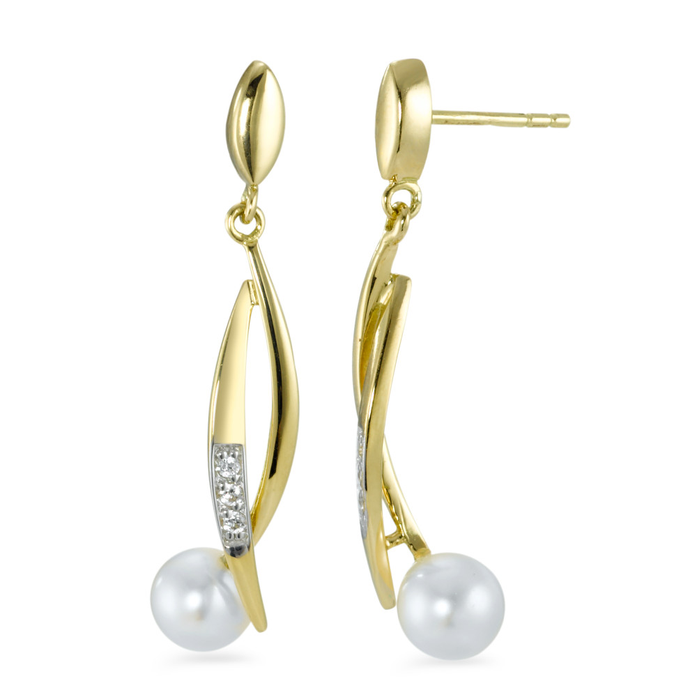 Pendant d'oreilles Or jaune 18K Zircone perle d'eau douce blanc, 2 Perles-537370