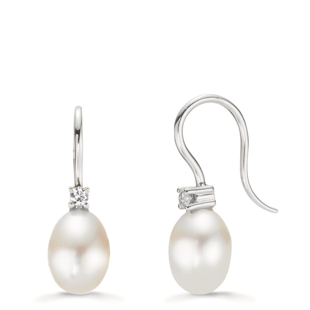 Pendant d'oreilles Or blanc 18K Zircone 2 Pierres perle d'eau douce-537890