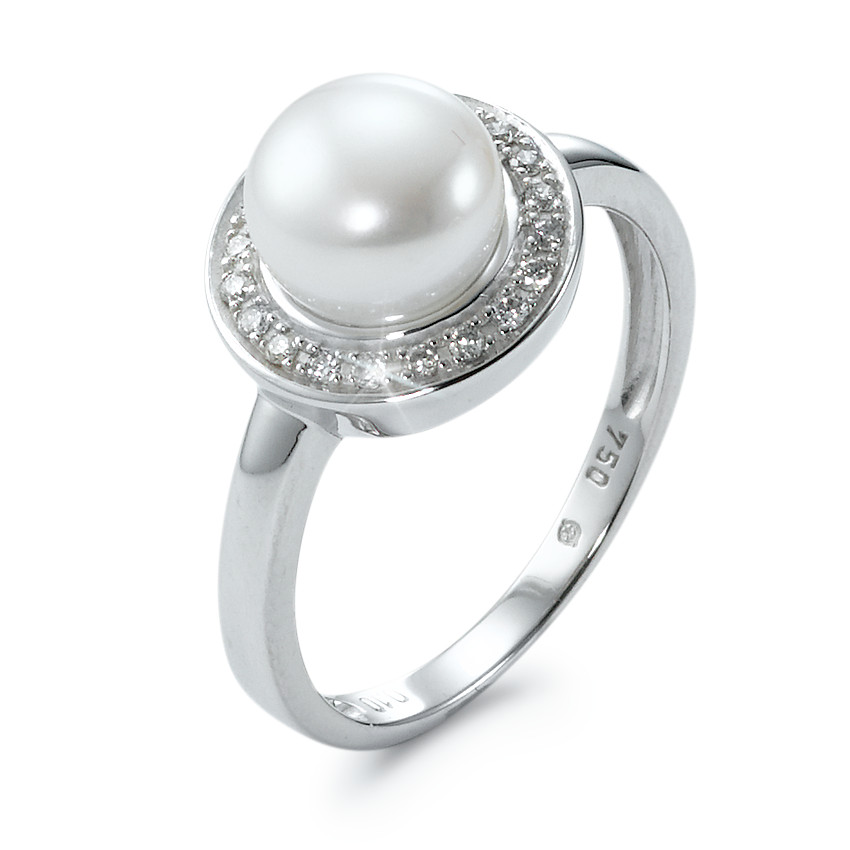 Bague Or blanc 18K Diamant 0.10 ct, 20 Pierres, w-pi1 perle d'eau douce blanc, 7.5 mm-541415