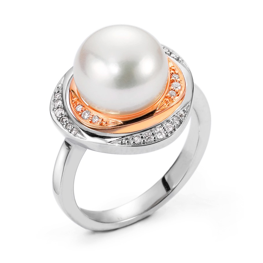 Bague Or blanc 18K, Or rouge 18K Diamant 0.115 ct, 23 Pierres, w-si perle d'eau douce blanc 10-11 mm-546282
