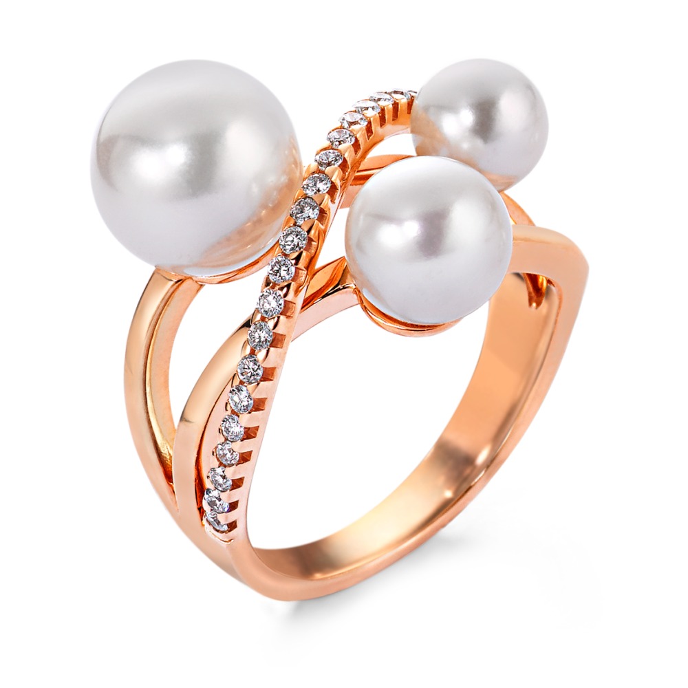 Bague Or rouge 18K Diamant 0.18 ct, 27 Pierres, w-si perle d'eau douce blanc, 3 Perles 5.5-9 mm-546418