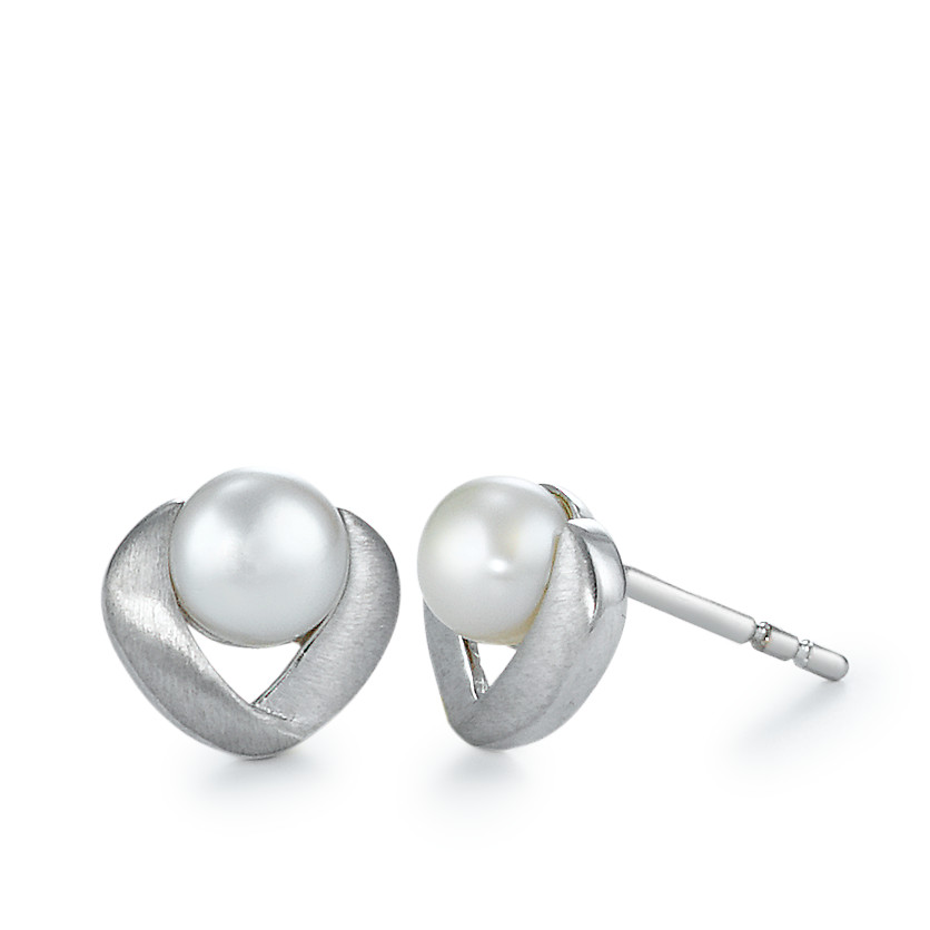 Clous d'oreilles Or blanc 18K perle d'eau douce blanc, 2 Perles, 5 mm-550112