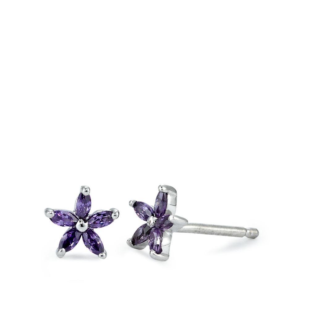 Ohrstecker Silber Zirkonia violett, 10 Steine, Navetteschliff rhodiniert Ø7 mm-551056