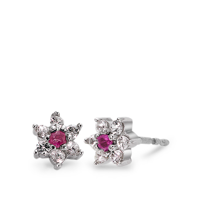Clous d'oreilles Or blanc 18K Rubis rouge, 14 Pierres Fleur Ø6 mm-555742
