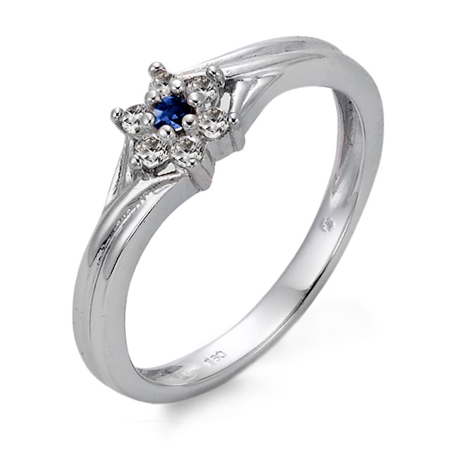 Bague Or blanc 18K Saphir bleu, Saphir blanc, 6 Pierres Fleur Ø6 mm-555746