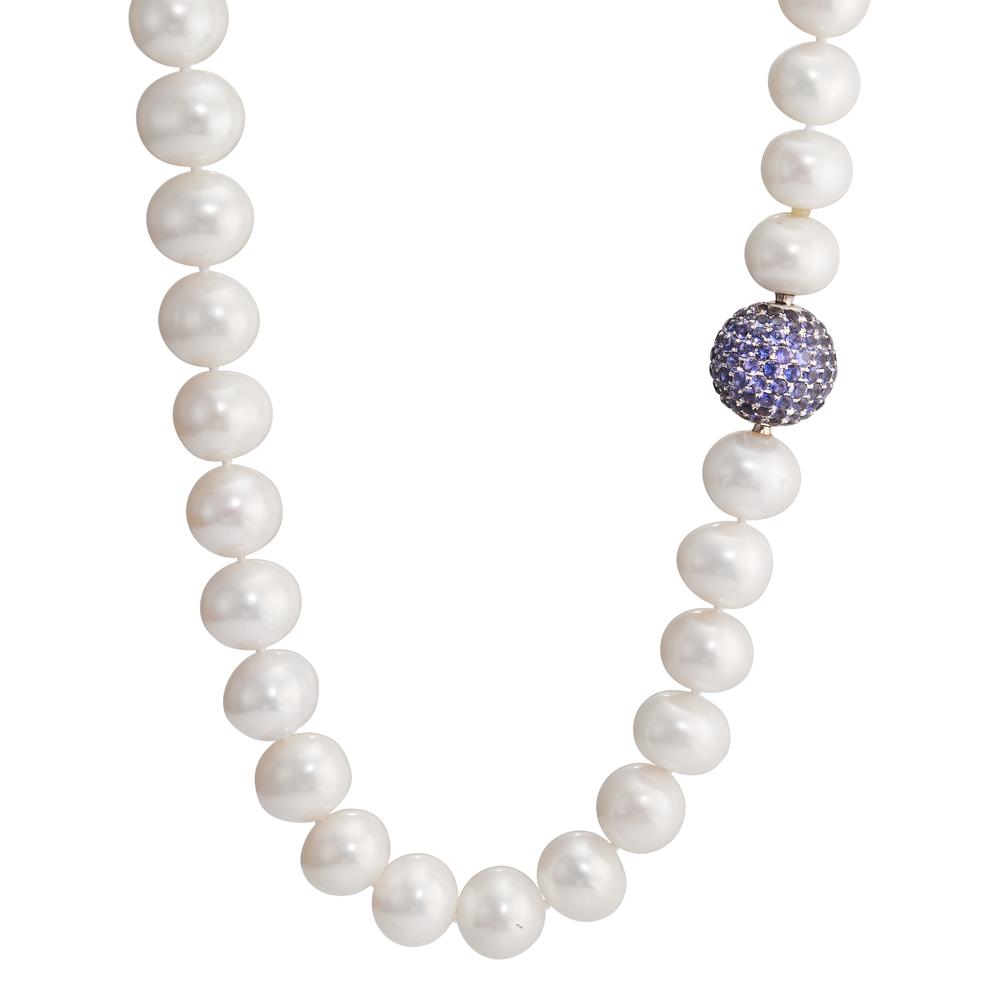 Collier Or blanc 18K Lolite violet, 142 Pierres perle d'eau douce 12-13 mm 44 cm-556773