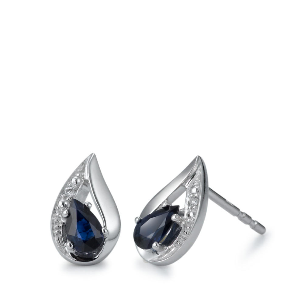 Clous d'oreilles Or blanc 18K Saphir bleu, 2 Pierres, goutte, Diamant blanc, 0.01 ct, w-pi1-557987