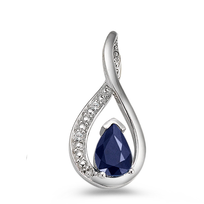 Pendentif Or blanc 18K Saphir bleu, goutte, Diamant 0.01 ct, 2 Pierres-557989
