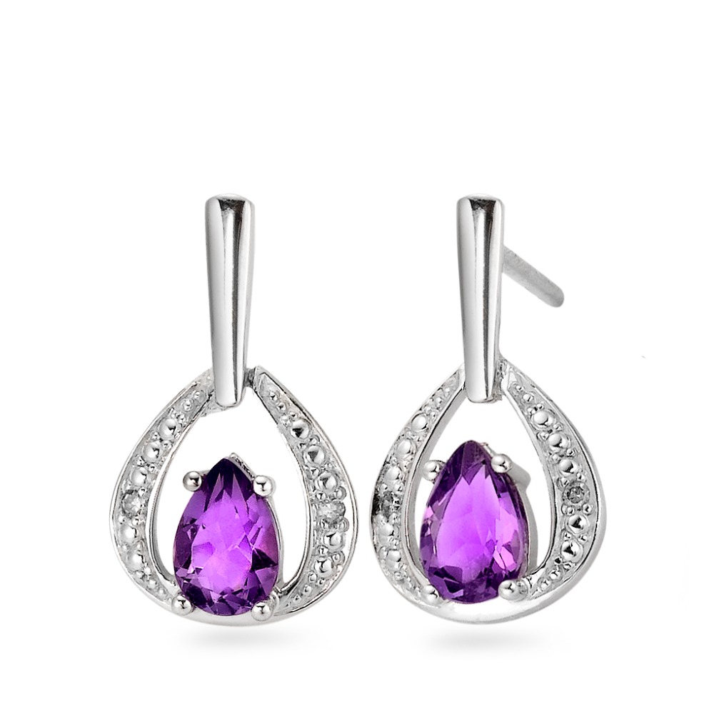 Pendant d'oreilles Or blanc 18K Diamant 0.02 ct, 4 Pierres, facetté, p1, Améthyste-557999