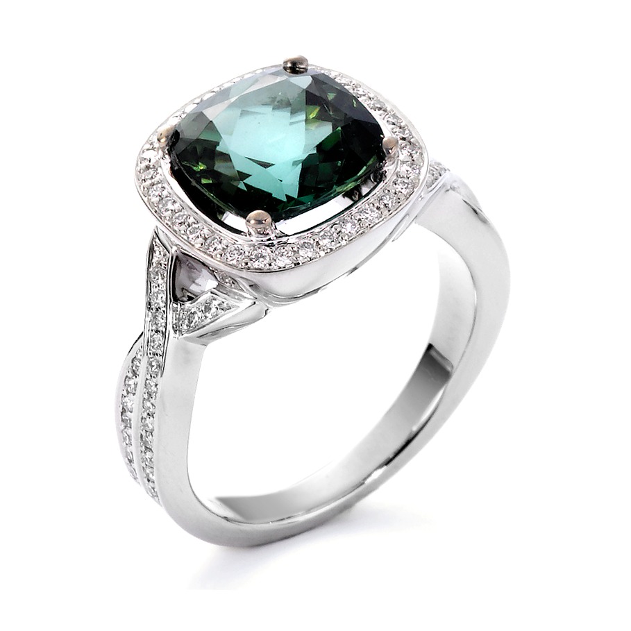 Bague Or blanc 18K Tourmaline vert, 0.30 ct, 74 Pierres, brillant, tw-vsi-558017