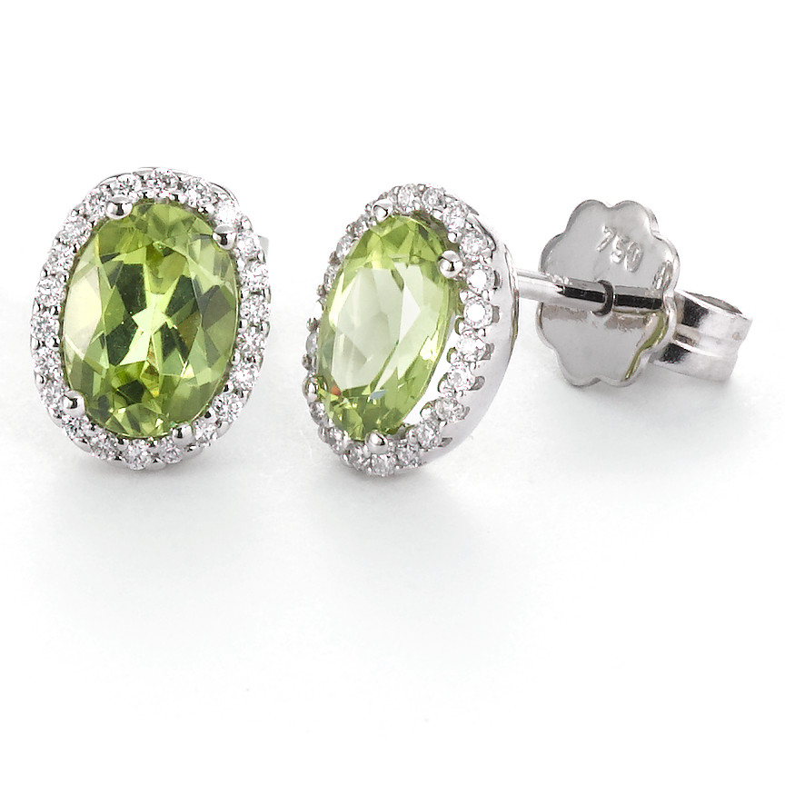 Clous d'oreilles Or blanc 18K Péridot vert, 2 Pierres, ovale, Diamant blanc, 0.18 ct, 44 Pierres, tw-vsi-558022