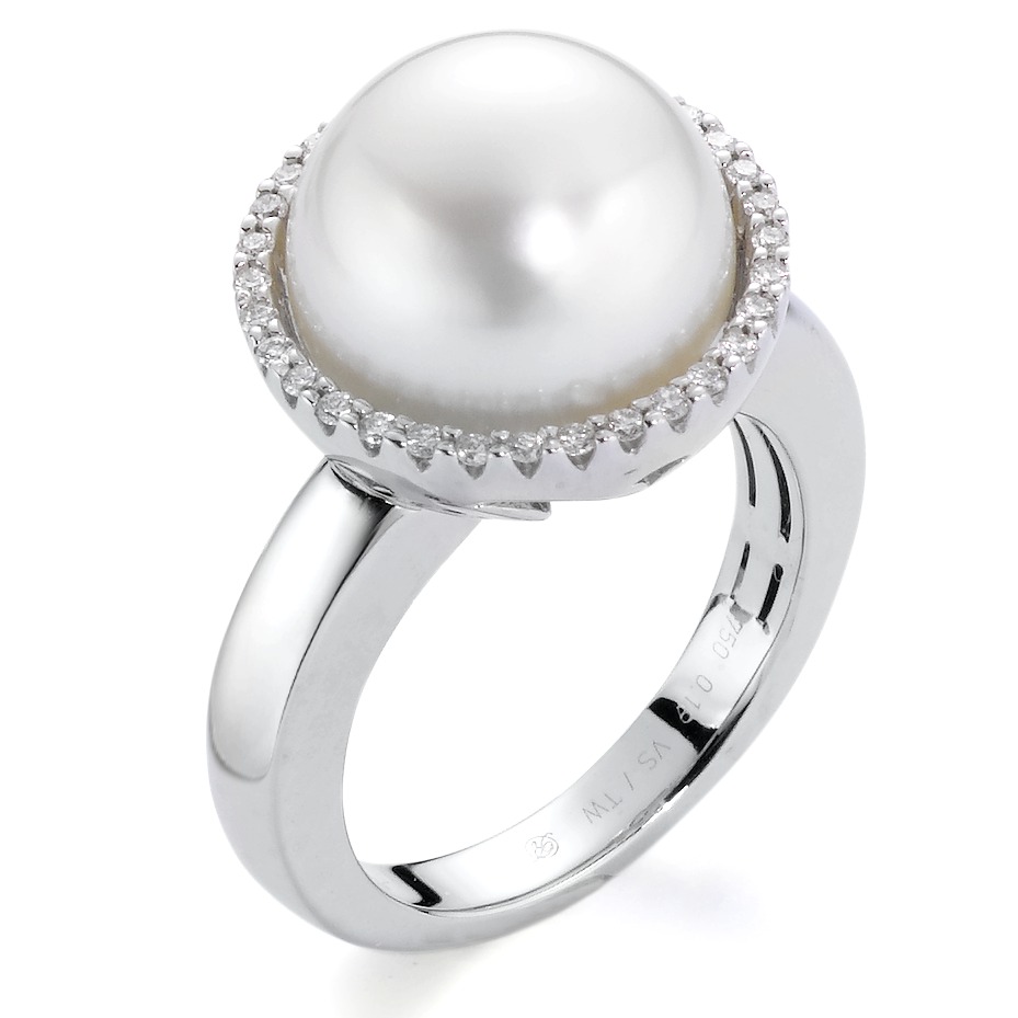 Bague Or blanc 18K Diamant blanc, 0.19 ct, 32 Pierres, brillant, tw-vsi perle d'eau douce blanc, 12 mm-558023