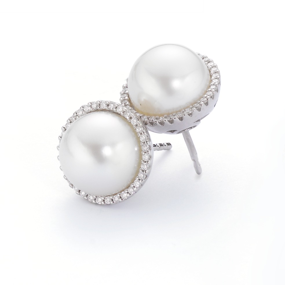 Clous d'oreilles Or blanc 18K Diamant blanc, 0.20 ct, 62 Pierres, brillant, tw-vsi perle d'eau douce blanc, 2 Perles, 9.5 mm Ø12 mm-558025