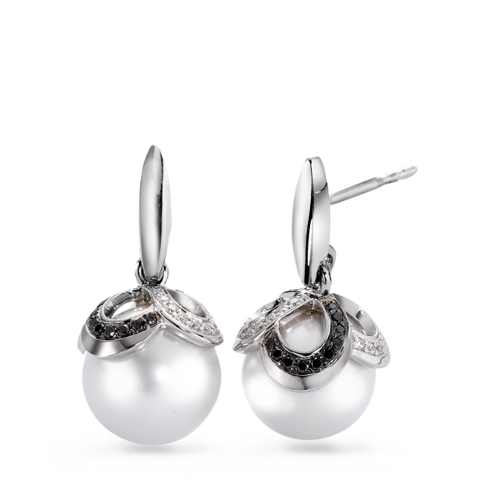 Pendant d'oreilles Or blanc 18K Diamant noir, 0.32 ct, 80 Pierres, brillant, tw-vsi perle d'eau douce blanc, 2 Perles, 10 mm-558028
