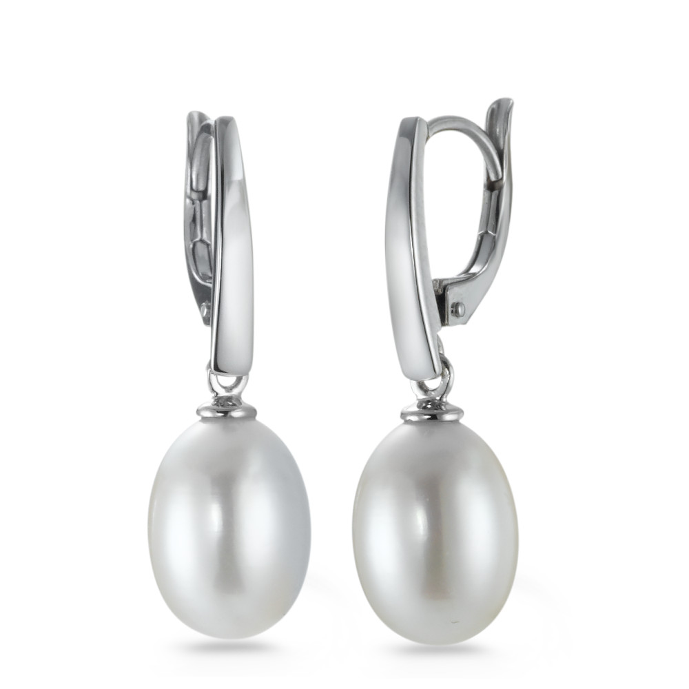 Pendant d'oreilles Or blanc 18K perle d'eau douce blanc, 2 Perles, 8 mm-558109