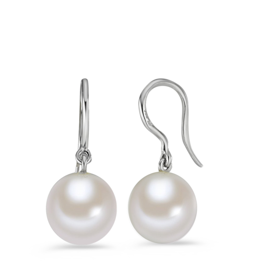 Pendant d'oreilles Or blanc 18K perle d'eau douce blanc, 2 Perles, 10.5 mm-558112