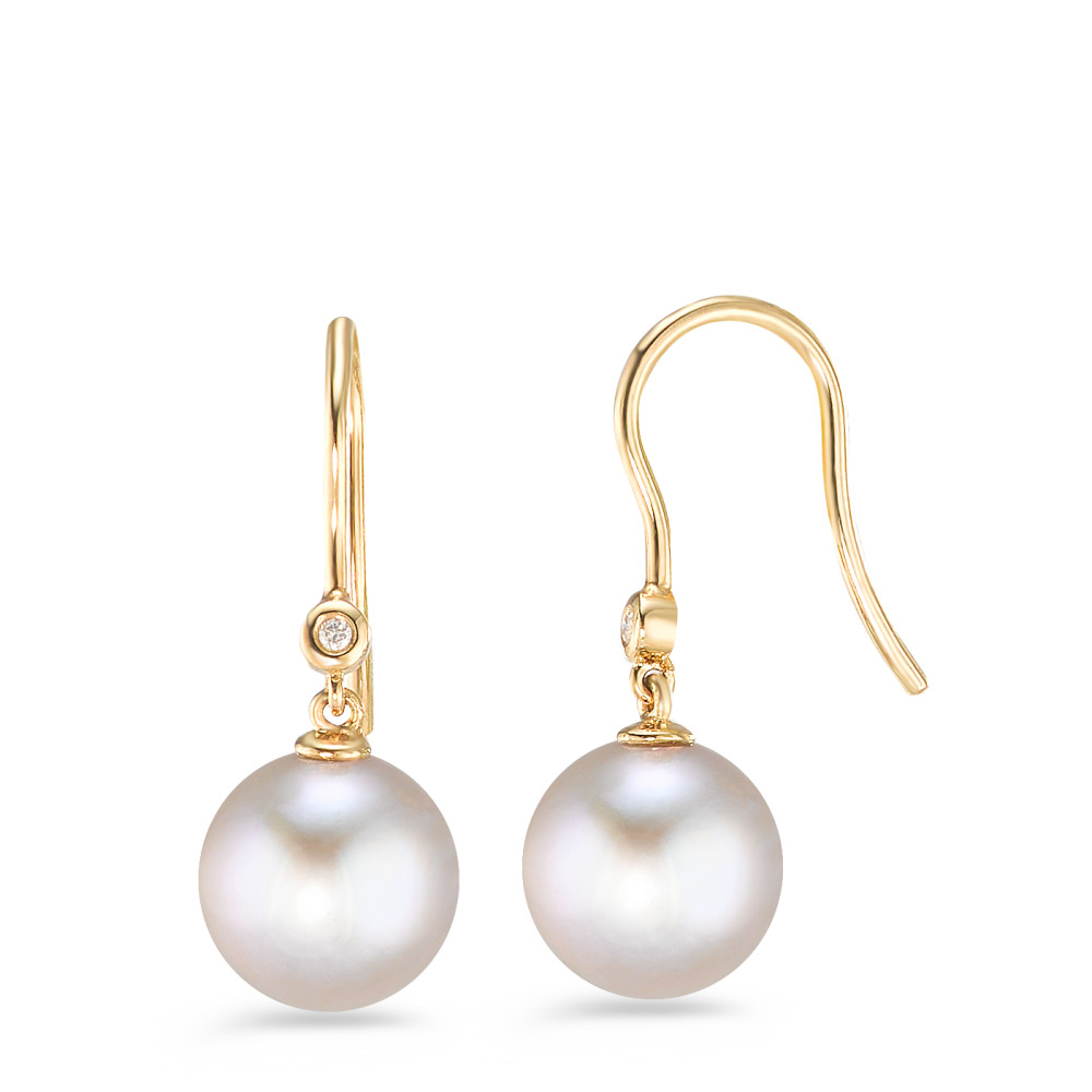 Pendant d'oreilles Or jaune 14K Diamant blanc, 0.02 ct, w-si perle d'eau douce gris, 2 Perles, 9.5 mm-558629