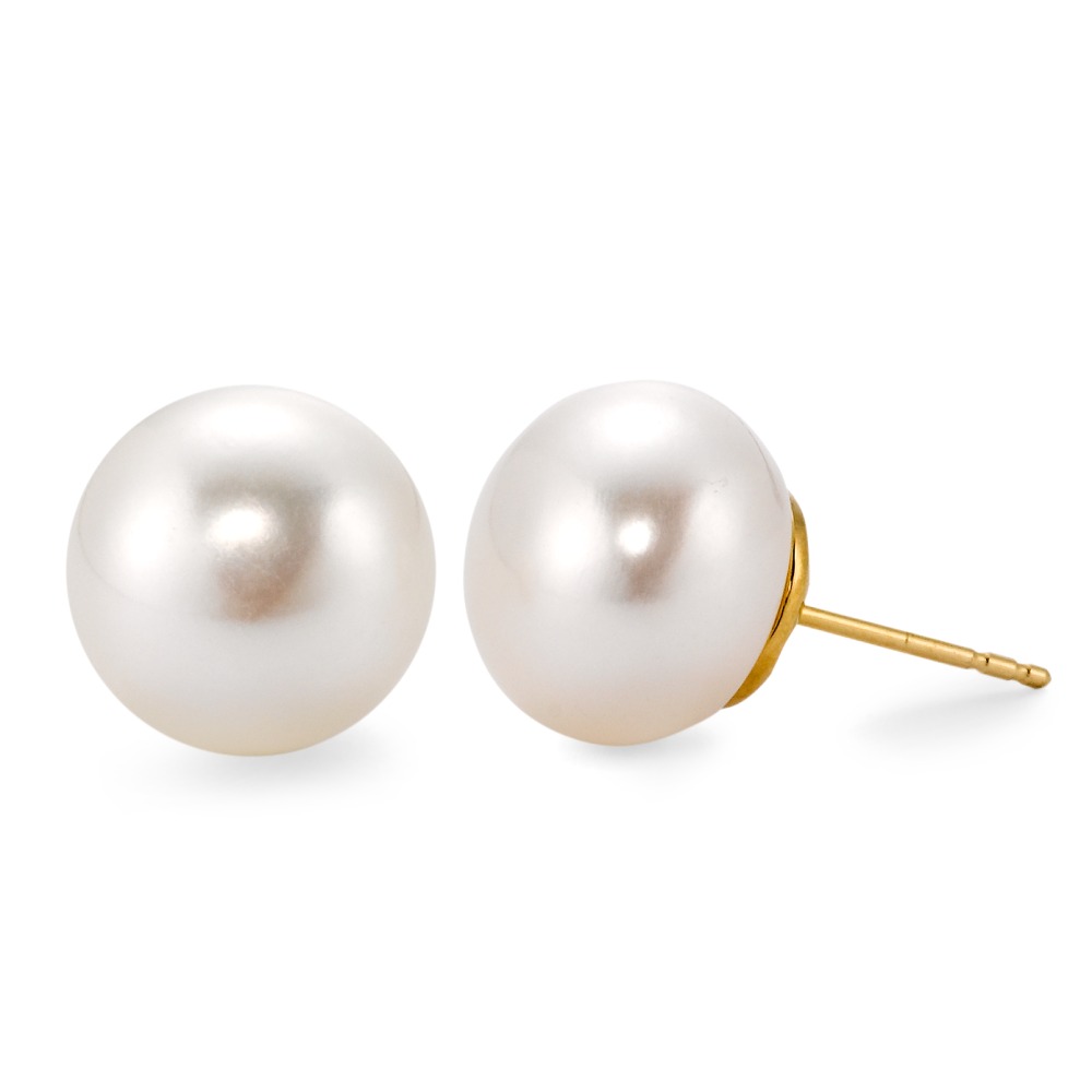 Clous d'oreilles Or jaune 18K perle d'eau douce blanc, 2 Perles, 12.5 mm-563033