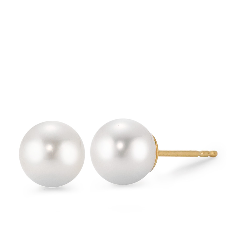 Clous d'oreilles Or jaune 18K perle d'eau douce blanc, 2 Perles, 7.5 mm-563039